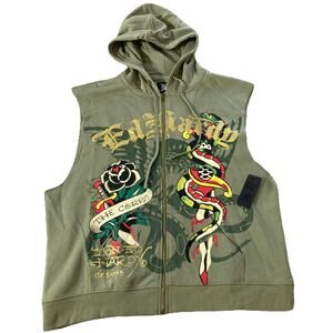Ed Hardy‎ Panther Snake Fleece Sleeveless Hoodie Men’s XL New Green Y2K Full Zip